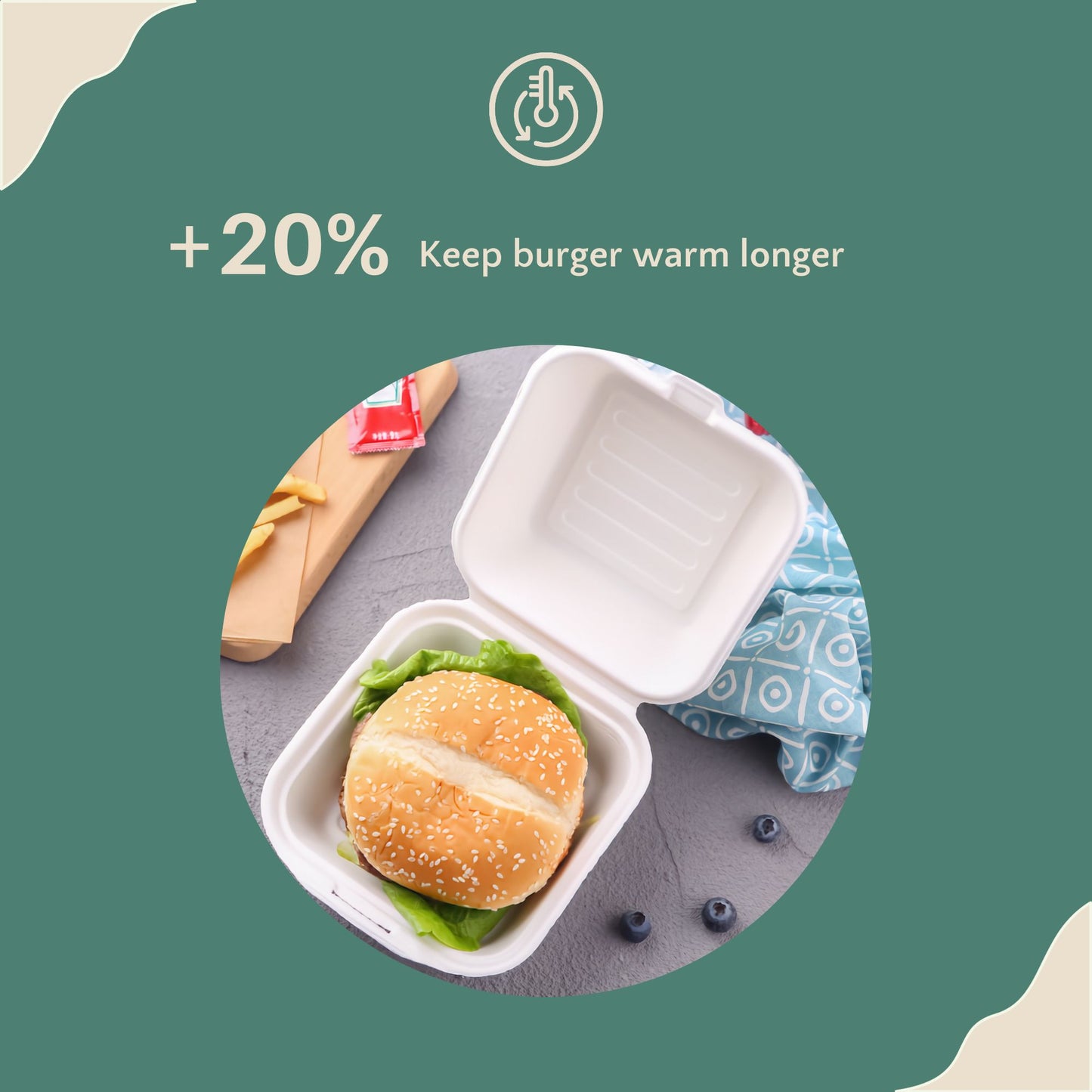 Honest Pack Burger Box aus Zuckerrohr, 15 x 15 x 8 cm