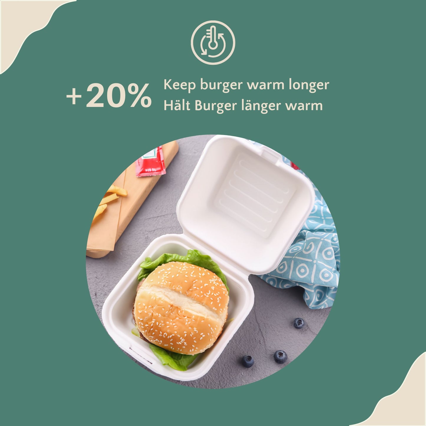 Honest Pack Burger Box aus Zuckerrohr, 15 x 15 x 8 cm