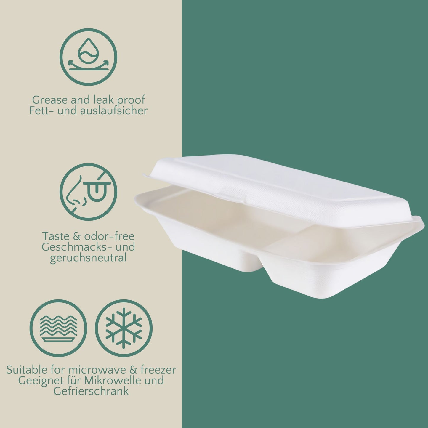 Honest Pack Clamshell Container from Sugarcane Fibre, 2 Compartment, 25 x 16 x 6.5 cm, 1000 ml